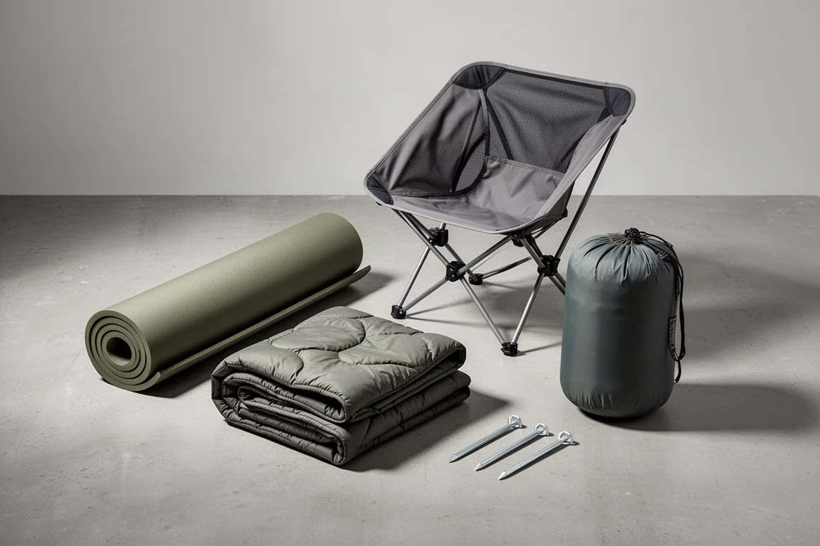Gruppo di attrezzatura da backpacking con materassino, quilt, sedia da campeggio, tenda imballata e picchetti