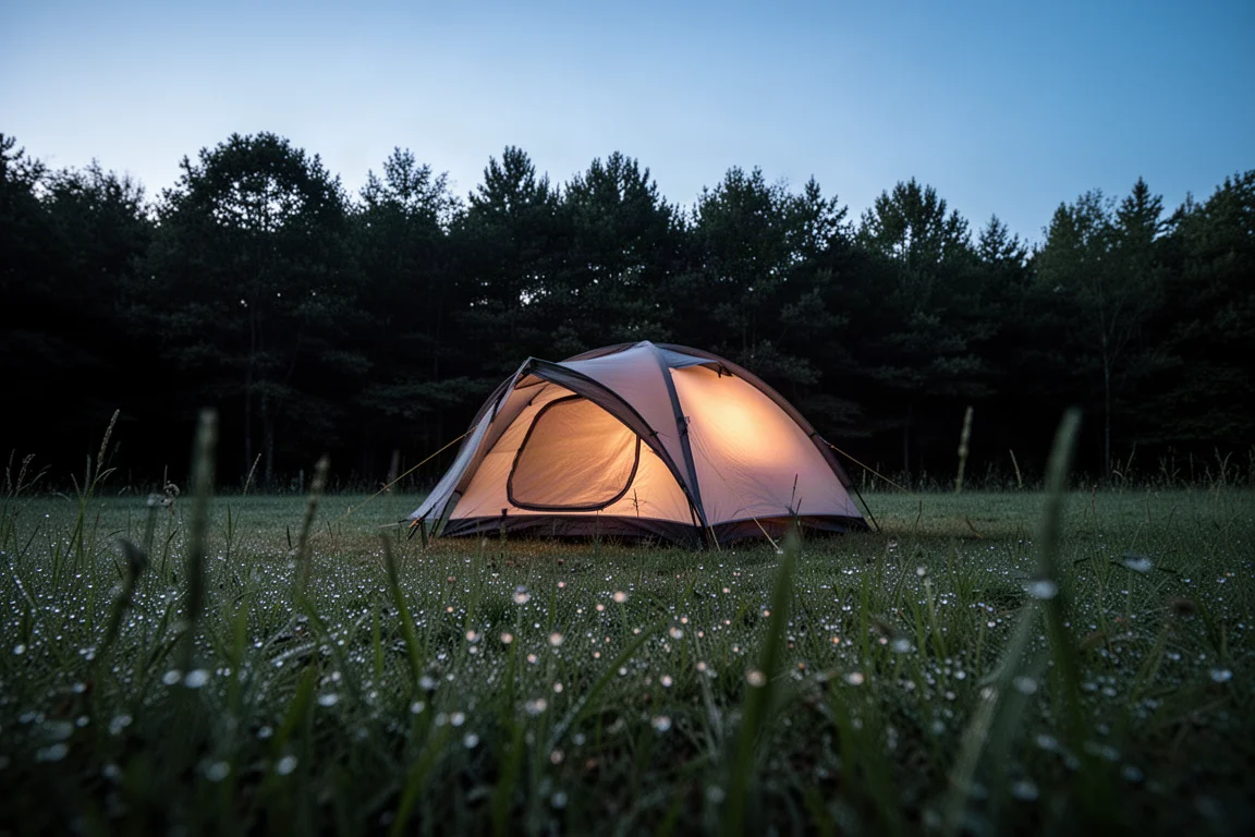 Two-person tent glowing softly from within at a quiet campsite clearing at dusk