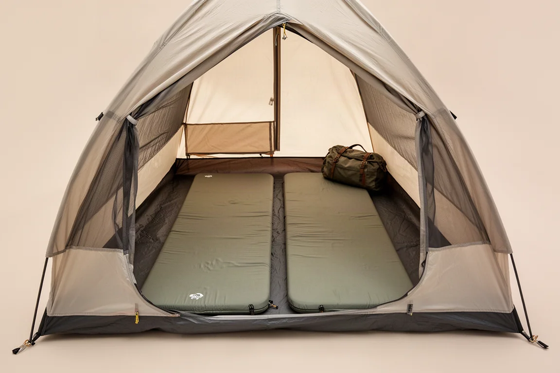 Overhead view inside a tent with two sleeping pads side by side and a duffel bag