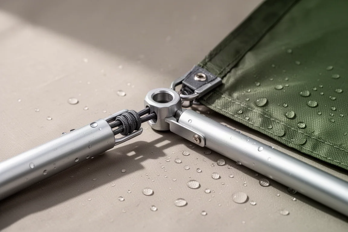 Macro detail of an aluminium tent pole hub with pole clips attached to canopy fabric