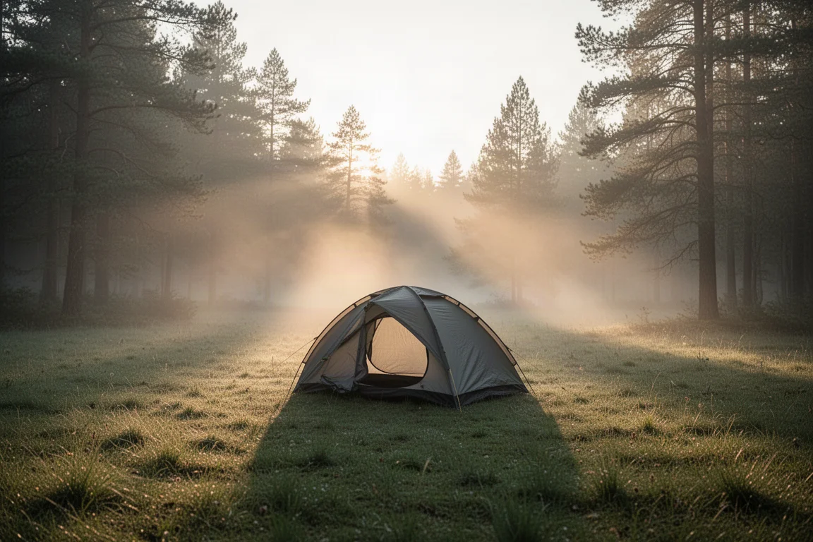 Two-person tent pitched alone in a misty grassy forest clearing at sunrise