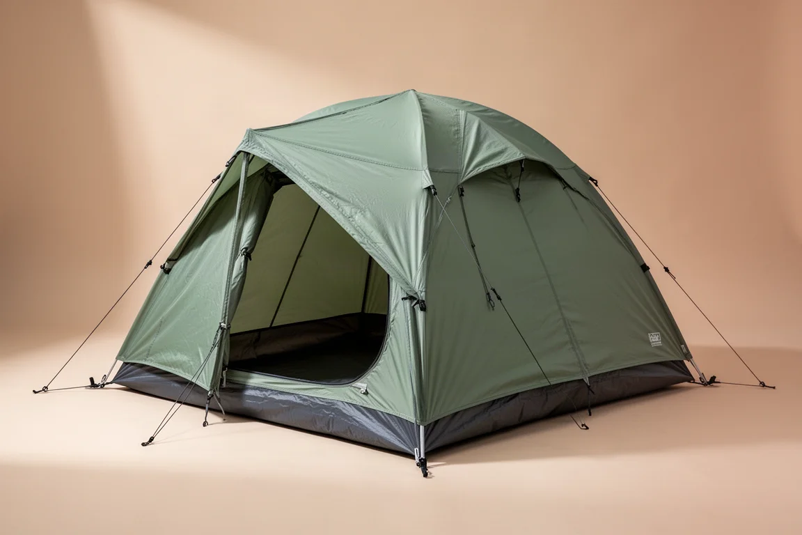 Two-person camping tent with full rainfly and staked vestibules on a neutral studio backdrop