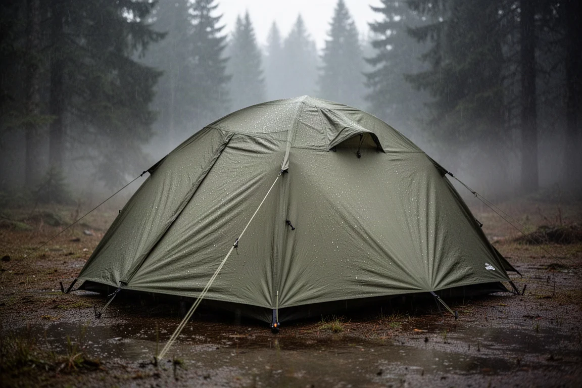 Dome camping tent with full-coverage rainfly pitched in a wet forest clearing after rain