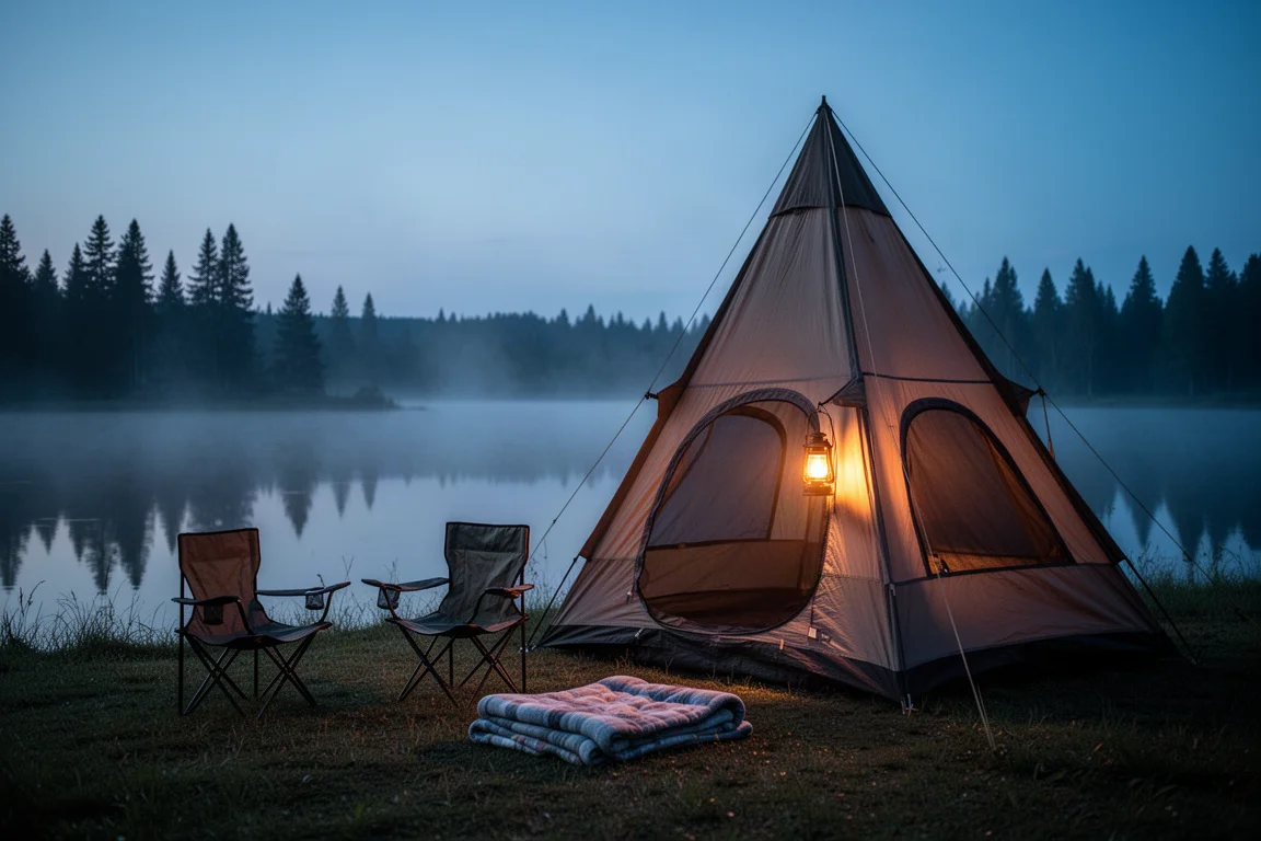 Tall family tent beside a lake at dusk with warm lantern light in the windows