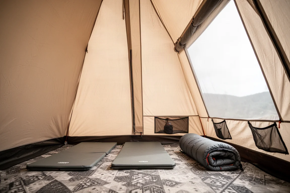 Interior of a tall tent with sleeping pads and mesh corner pockets