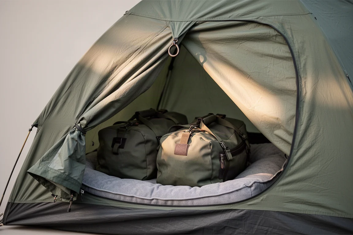 Rolled-back tent vestibule door held open with gear stored inside