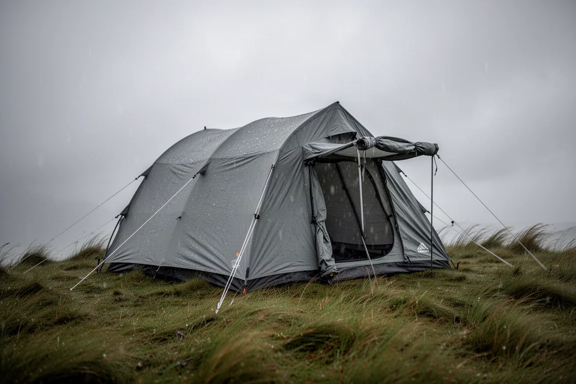 Family tent standing in strong wind and rain on an exposed grassy ridge