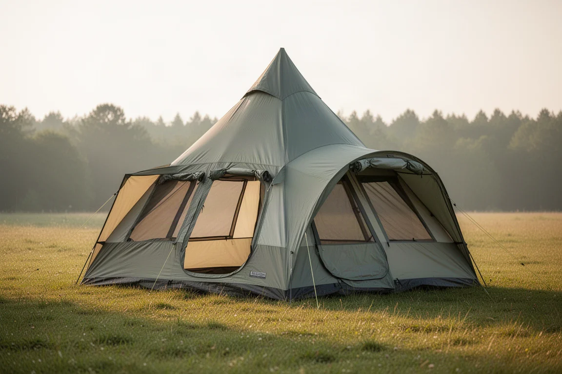 Large six-person family tent with tall peak pitched on a grassy meadow at sunrise
