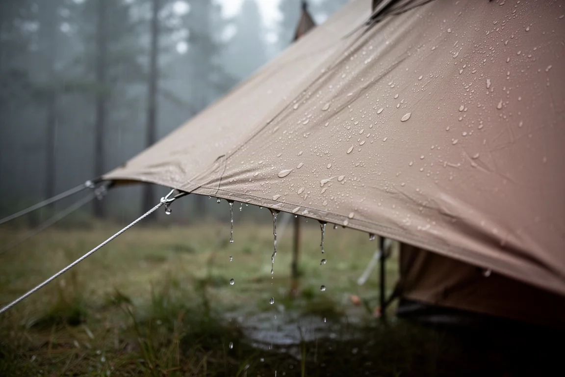 Regndroppar på yttertältet av ett stort campingtält på en regnig campingplats