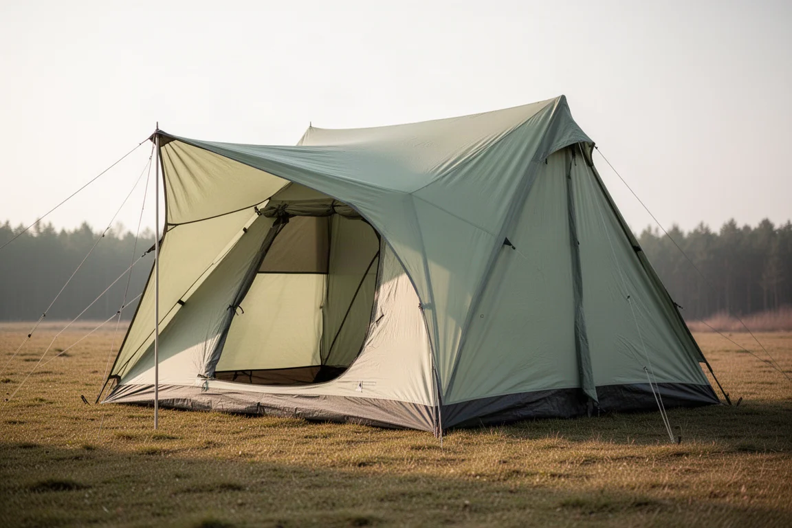 Large six-person camping tent pitched on a grassy clearing in soft afternoon light