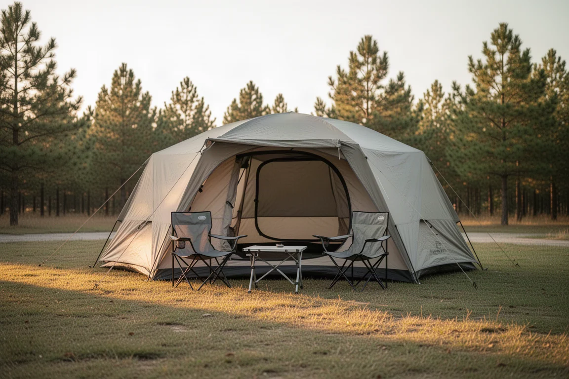 Tenda da campeggio per sei persone con sedie da campeggio montate in un campeggio erboso nella luce serale