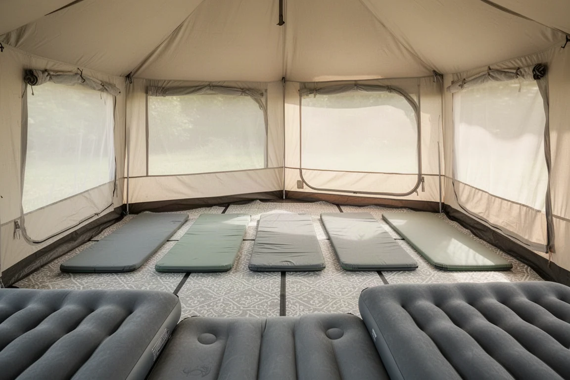 Interno di una grande tenda con sei stuoie da campeggio disposte in fila sul pavimento