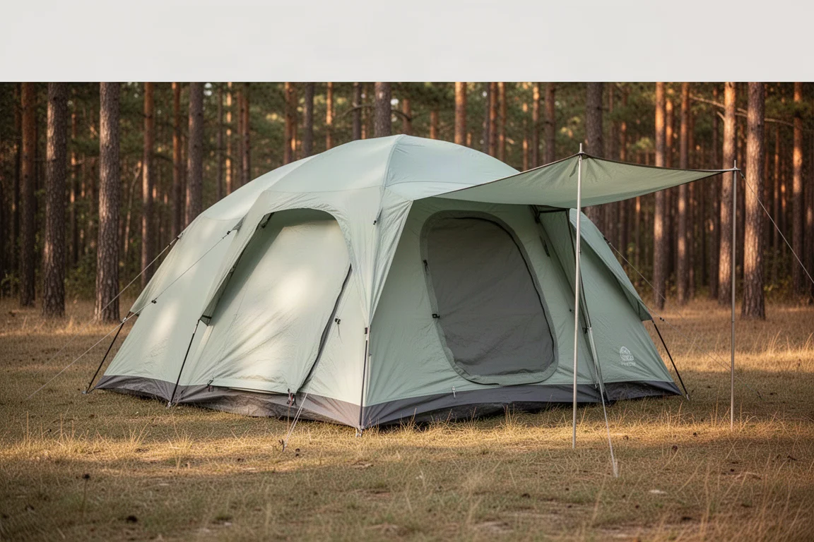 Large six-person camping tent with awning panel pitched on grass at the edge of a pine forest