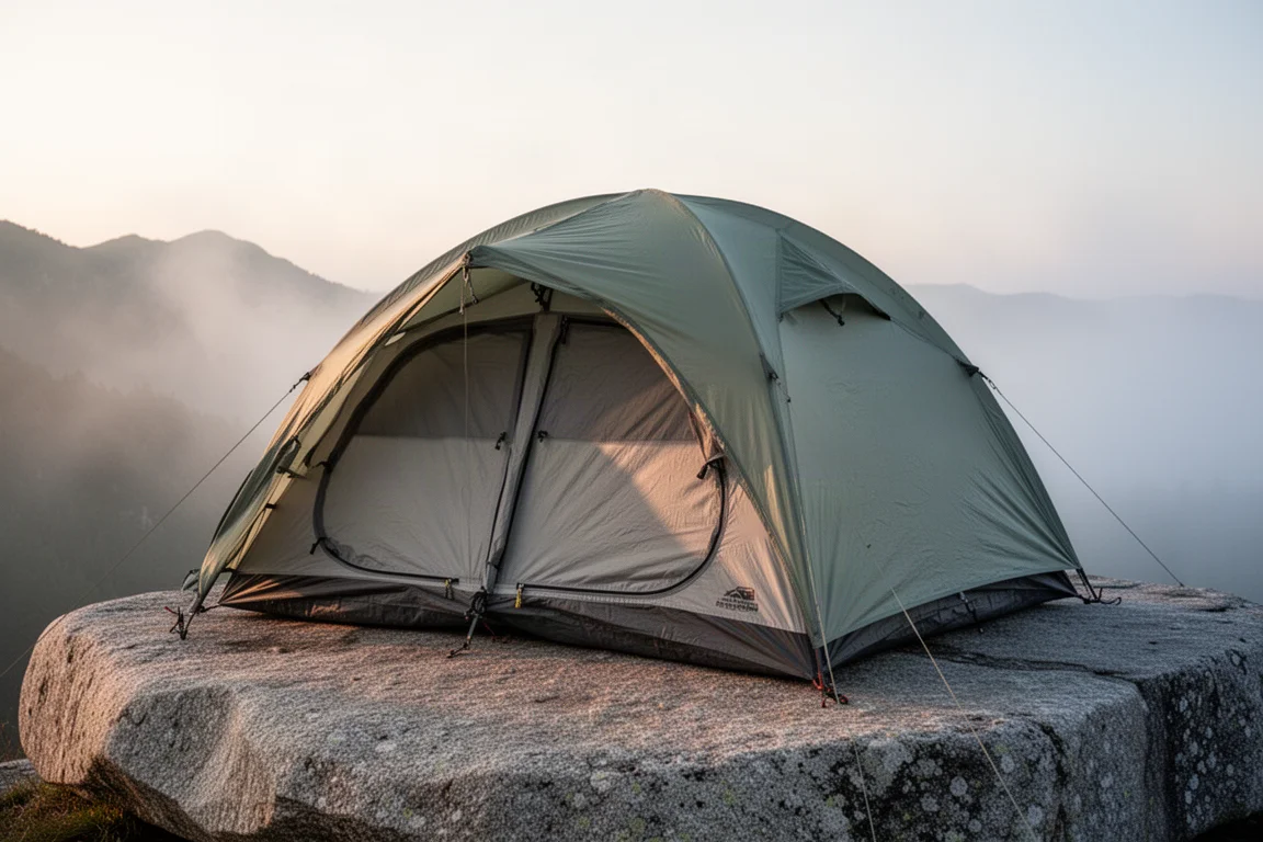 Lightweight two-person dome backpacking tent pitched on a concrete surface