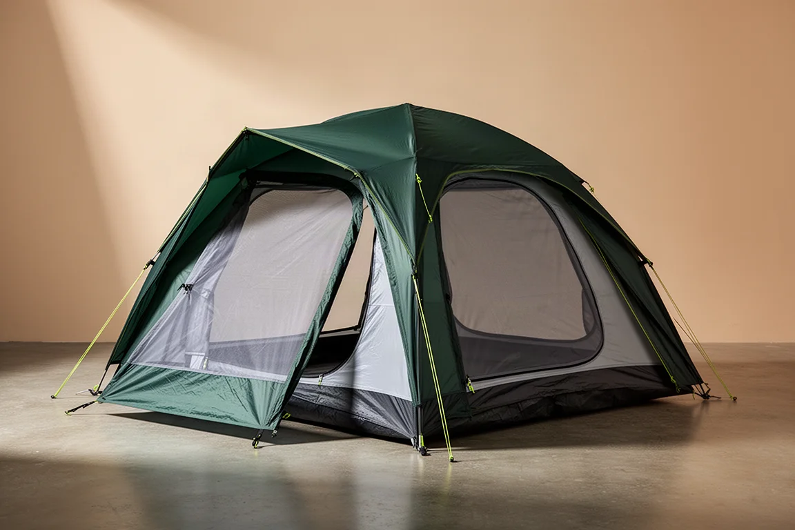 Tenda da campeggio autoportante per tre persone montata su una superficie studio in cemento opaco