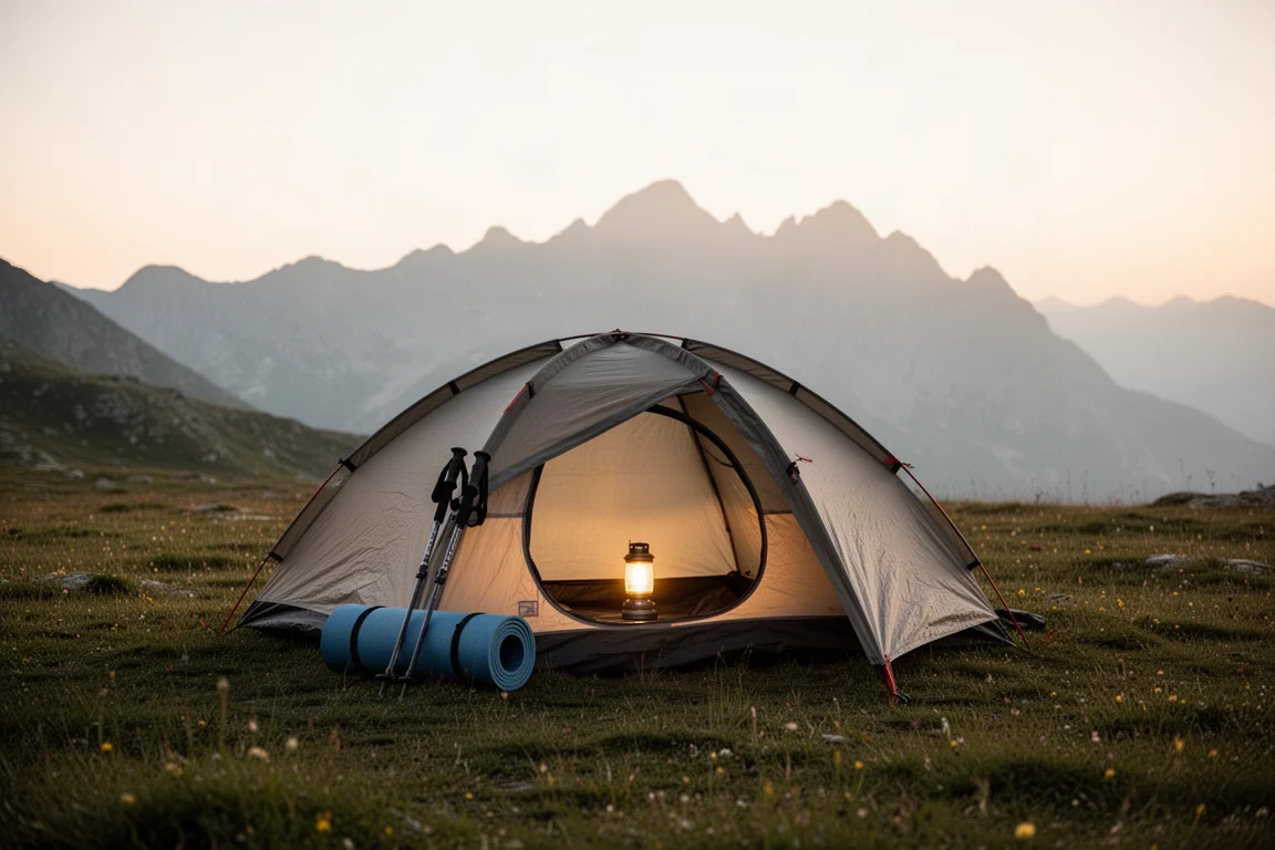 Small base camp with a glowing two-person tent on an alpine meadow at golden hour