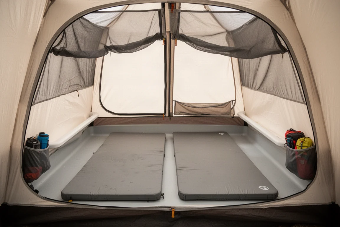 Interior of a backpacking tent with two wide sleeping pads on a grey floor