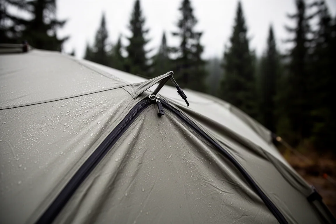 Tent door panel propped open with water droplets on the flysheet fabric