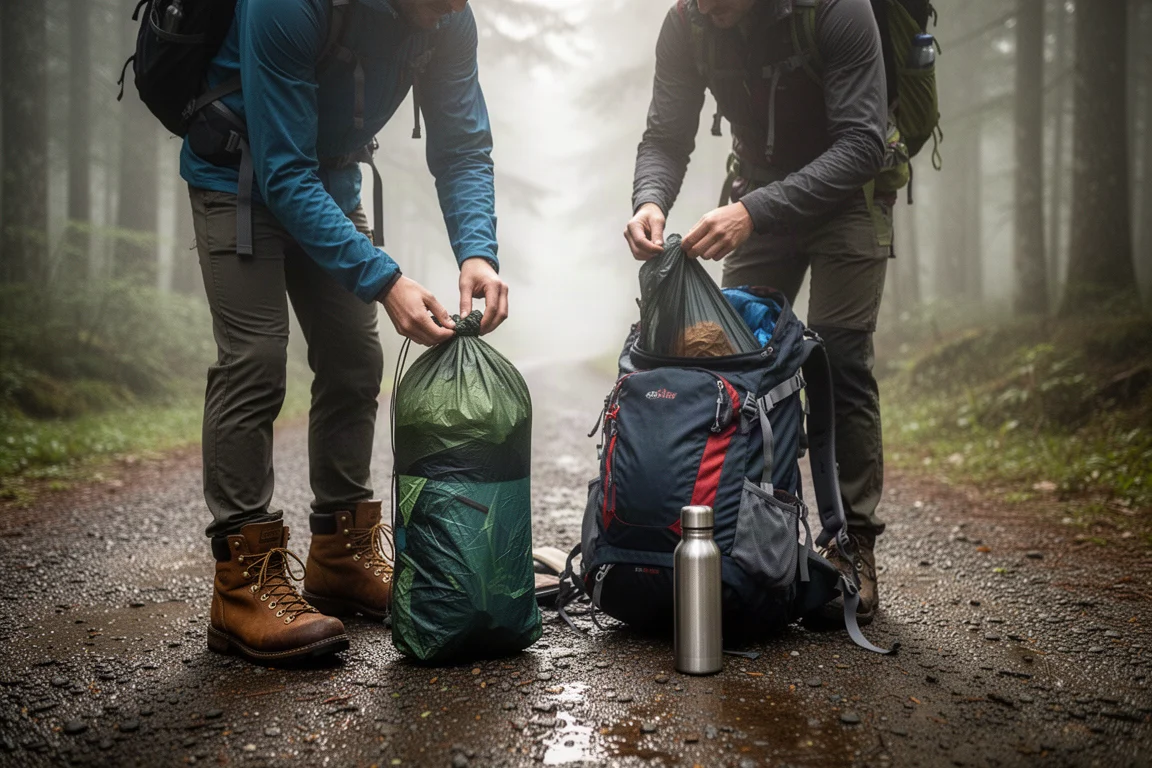 Hikers packing a tent into a stuff sack at a misty forest trailhead