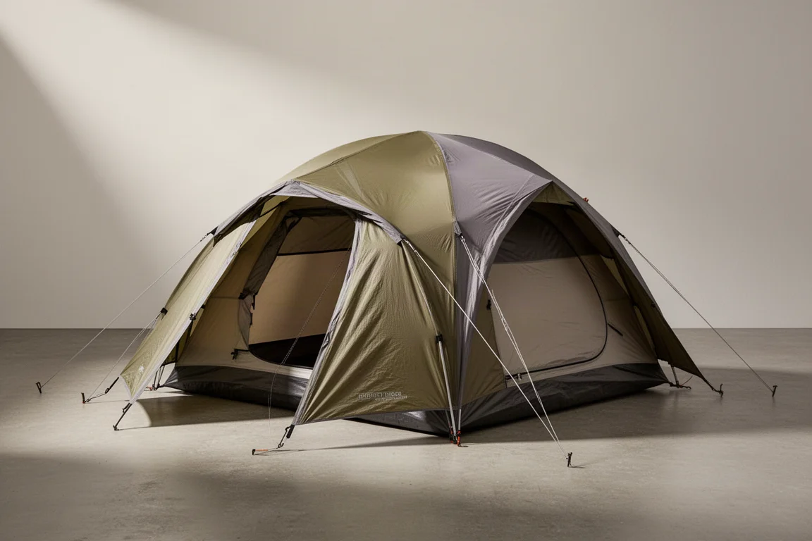 Tenda da backpacking autoportante per due persone con telo esterno oliva montata su una superficie neutra da studio