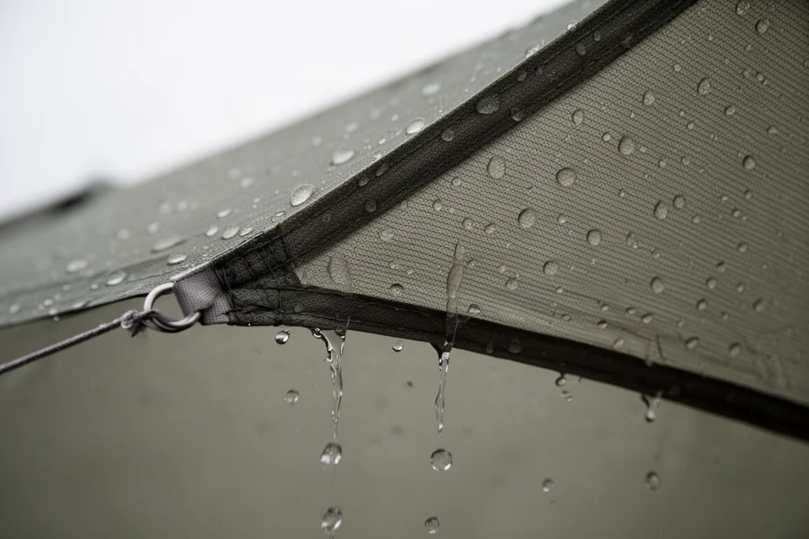 Primer plano del tejido del doble techo con gotas de agua adheridas en la superficie