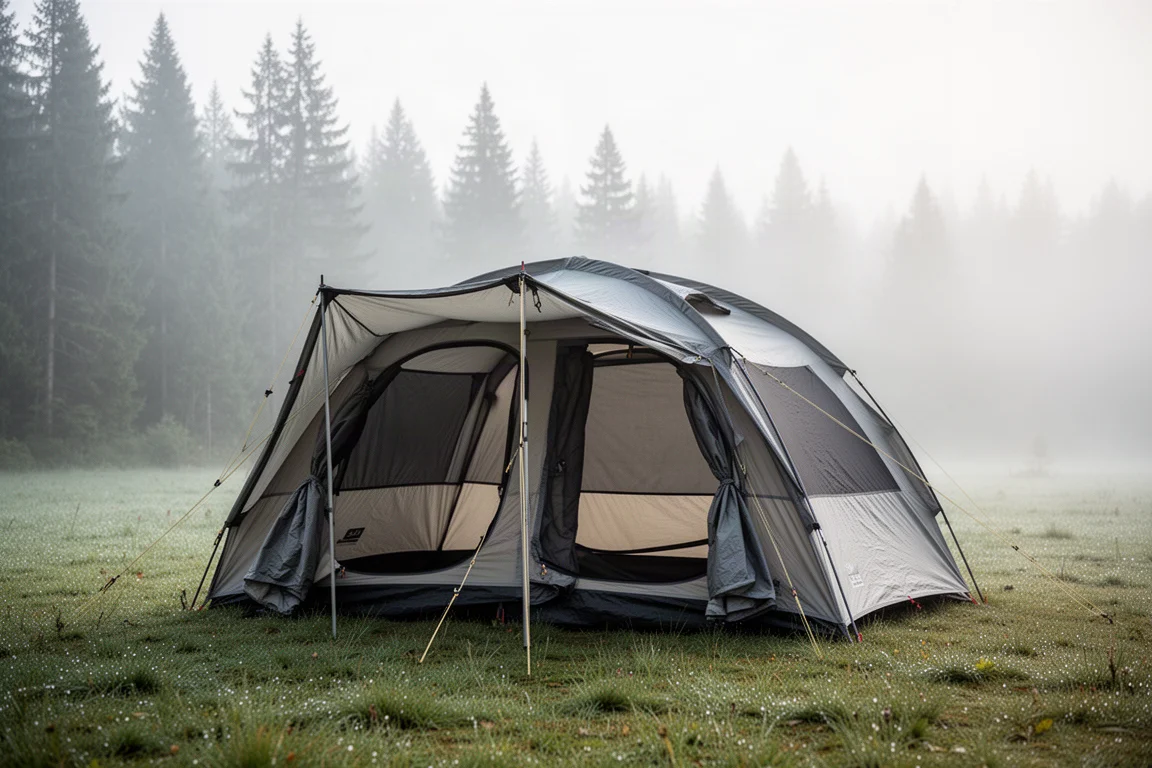 Tienda de mochilero con puertas enrolladas en un bosque de coníferas con niebla al amanecer