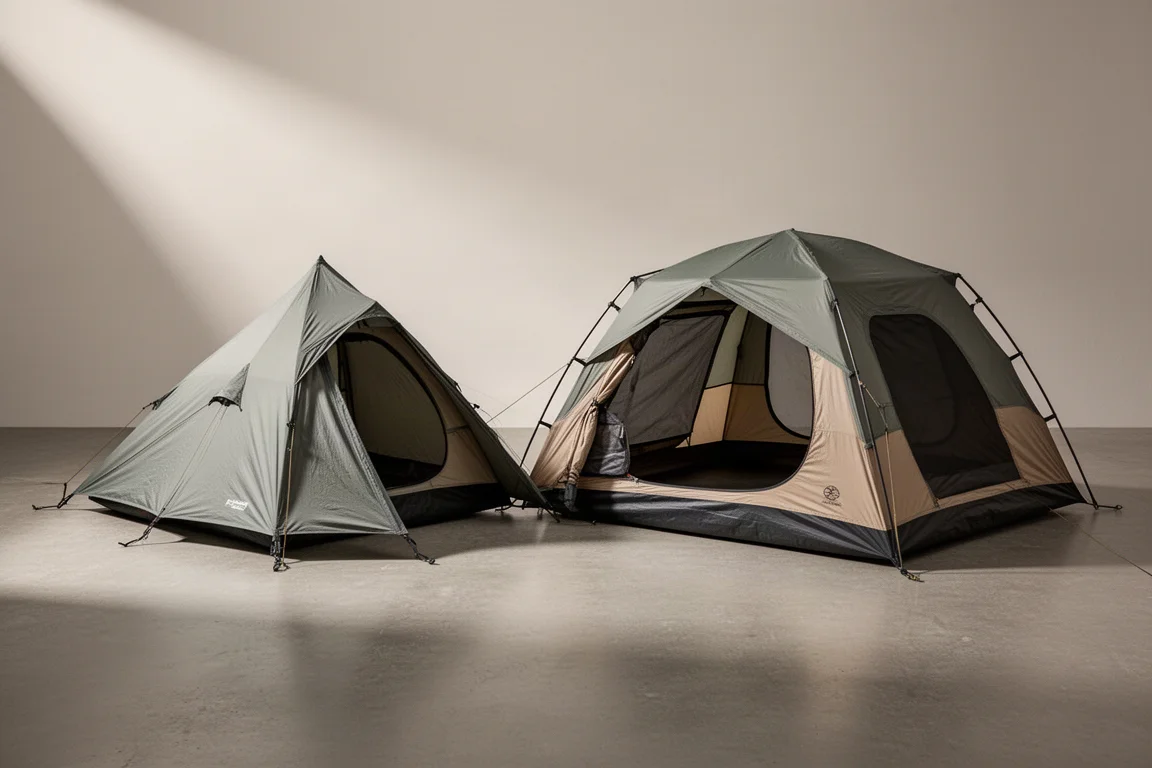 Two lightweight freestanding backpacking tents pitched side by side on a neutral studio floor