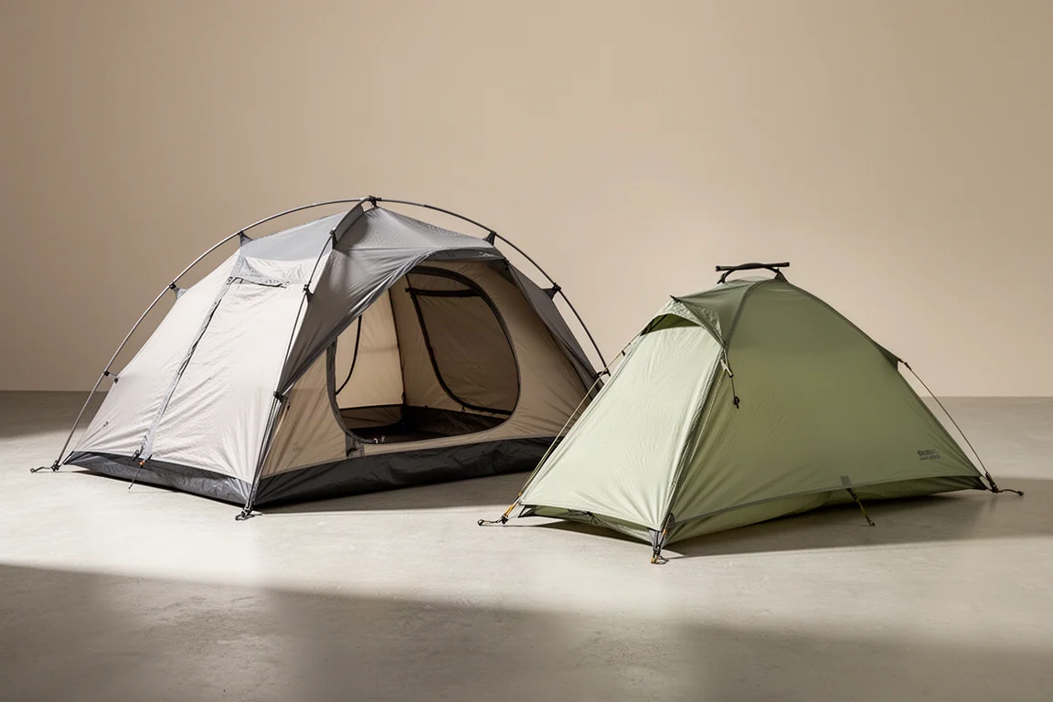 Two lightweight backpacking tents pitched side by side on a neutral surface
