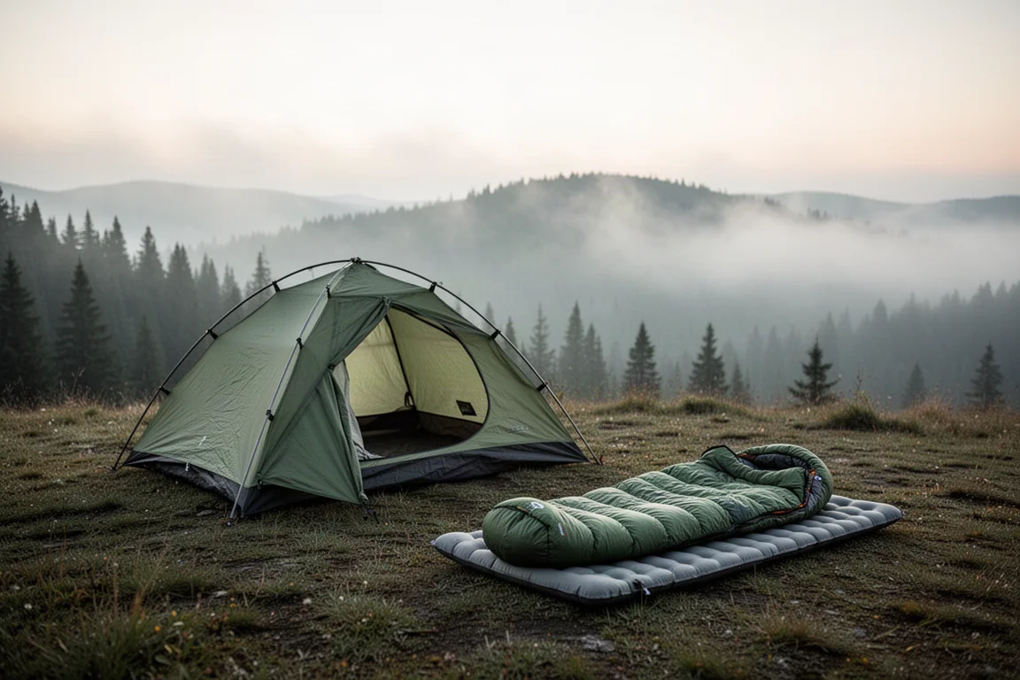 Sleeping bag laid open on a sleeping pad beside a tent at a misty backcountry campsite