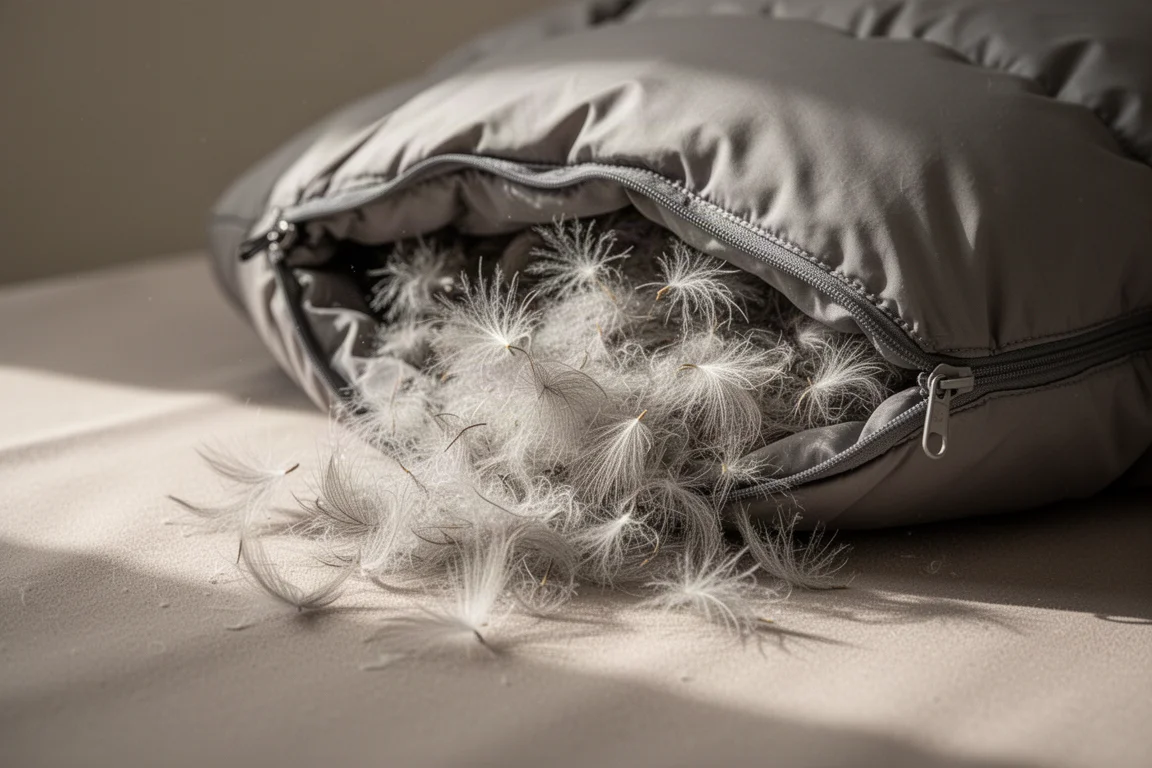 Macro view of lofted grey down clusters spilling from a sleeping bag baffle