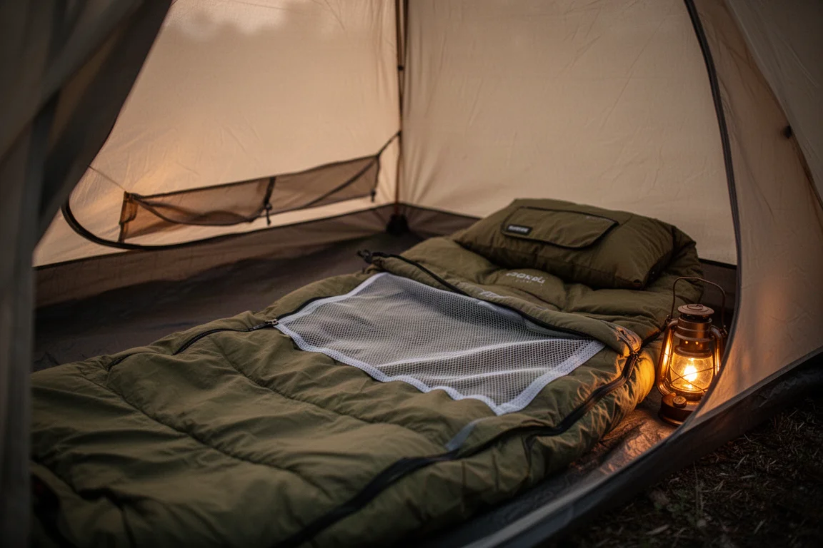 Sleeping bag unzipped along its length inside a lantern-lit tent at dusk