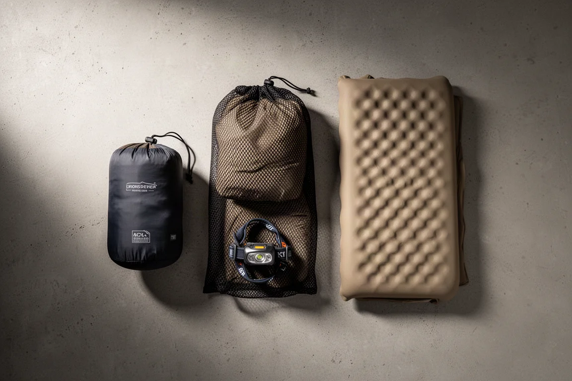 Overhead flat-lay of a sleeping bag compression sack, storage sack, and camping accessories