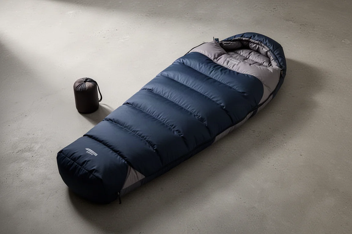 Navy mummy-style down sleeping bag on a matte concrete surface with a compression sack beside it