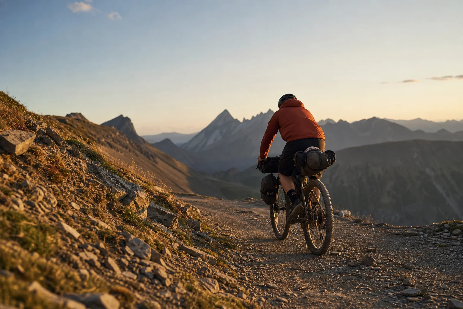 Radfahrer mit beladenem Bikepacking-Equipment auf einem abgelegenen Bergpfad bei Sonnenuntergang