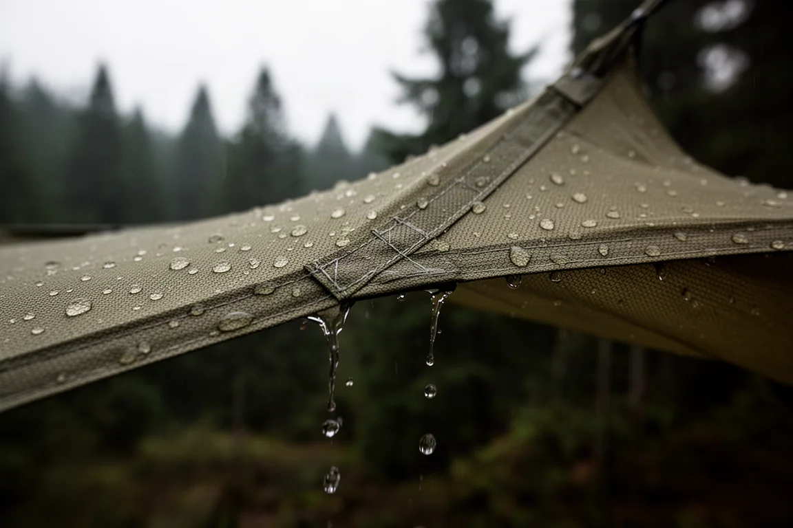 Primer plano de gotas de agua sobre un tenso tejido de sobretecho de tienda verde oliva y una costura sellada