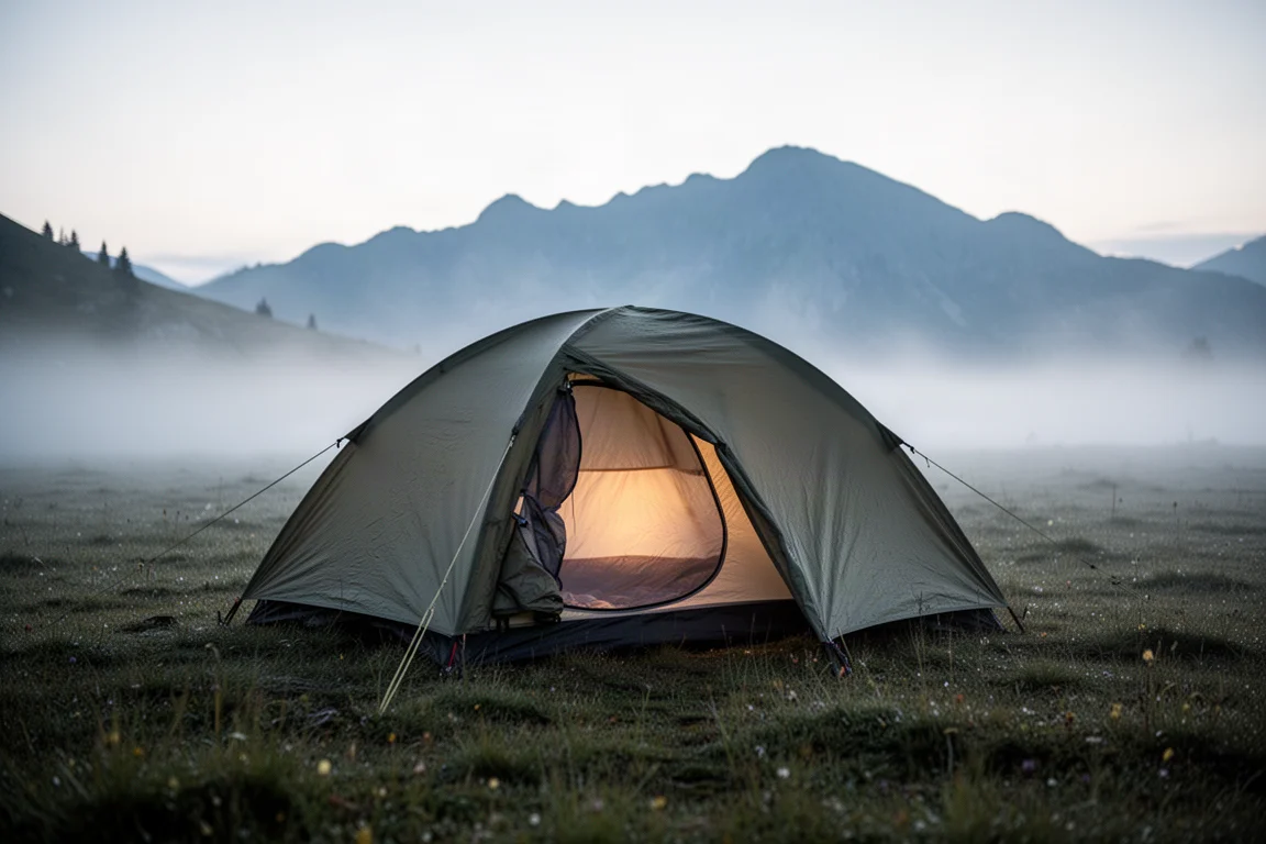 Tienda de mochilero en una pradera alpina húmeda al amanecer con niebla matutina