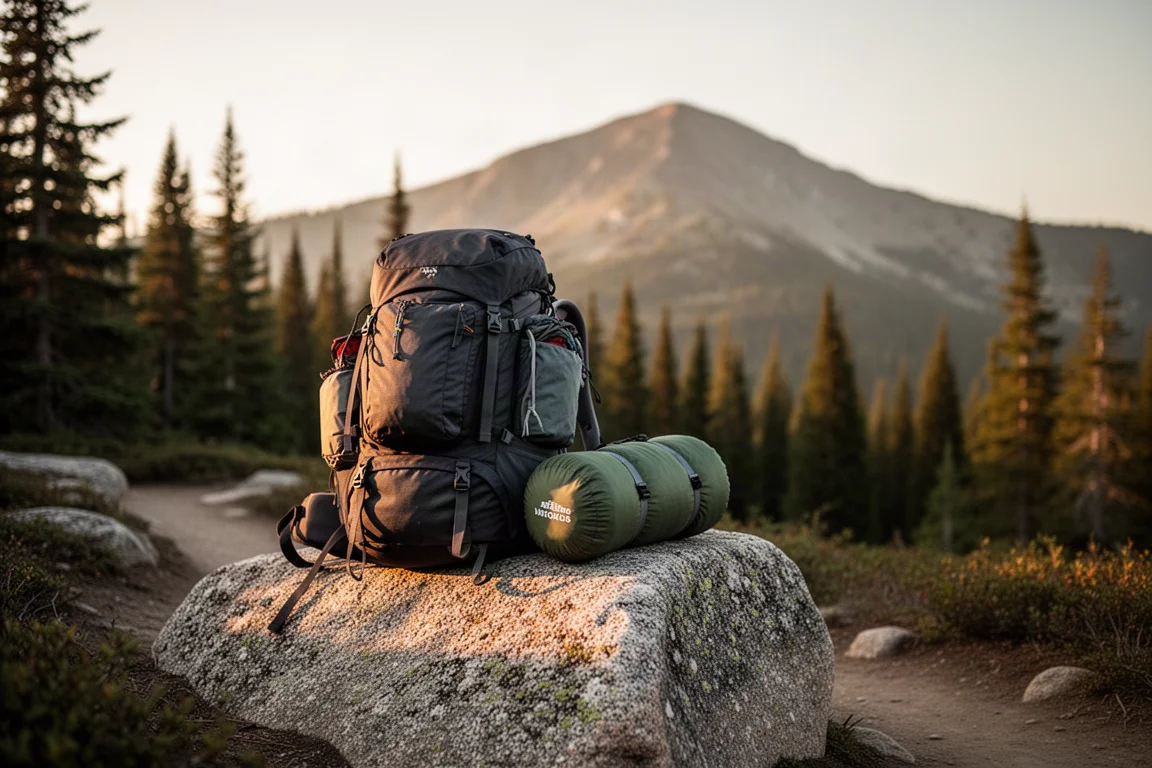 Mochila empaquetada y tienda enrollada descansando sobre una roca de granito junto a un sendero de montaña