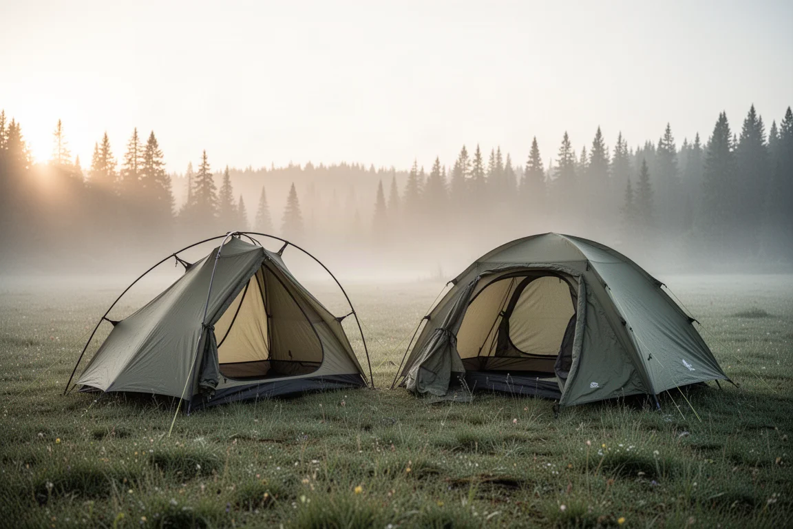 Two backpacking tents pitched side by side on a misty alpine meadow at dawn