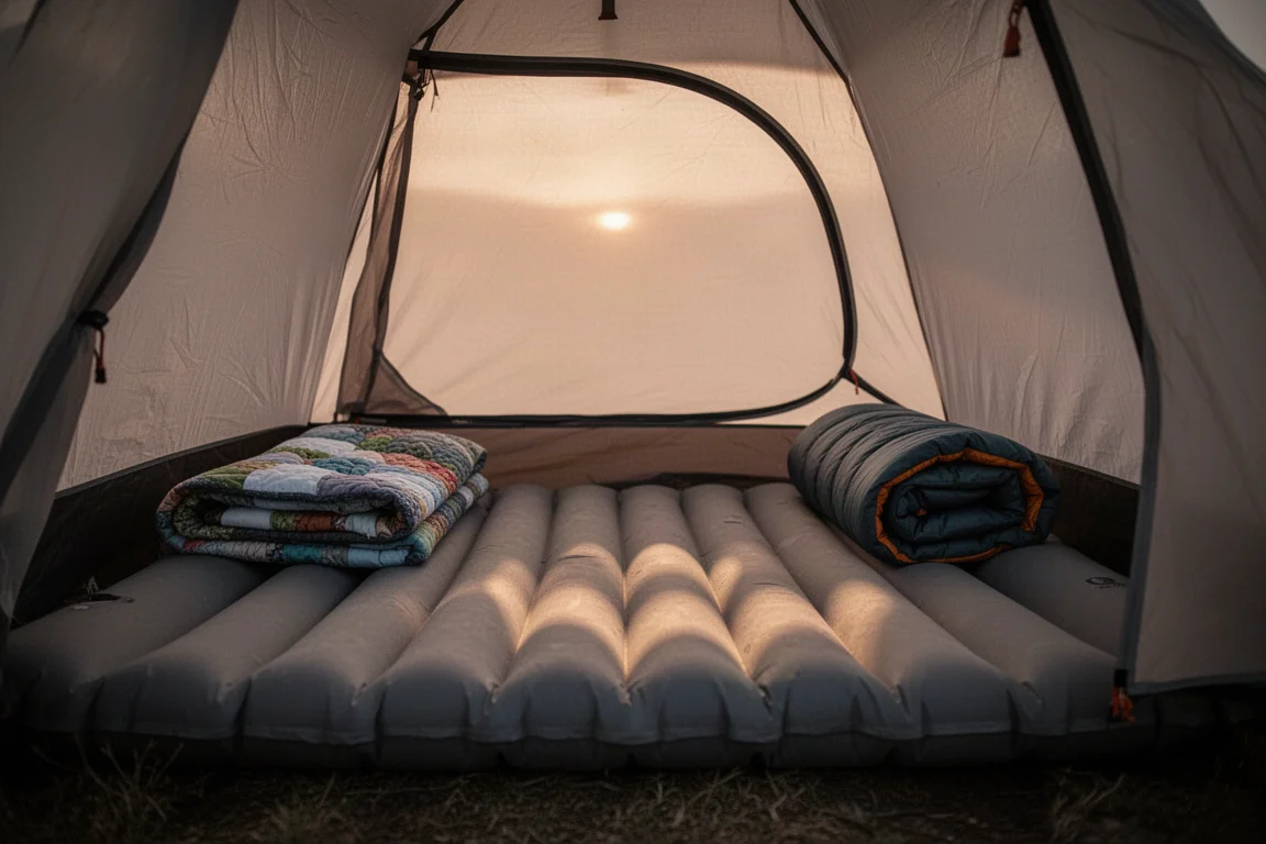 Wide sleeping pad inside a backpacking tent at dusk with quilt and jacket pillow