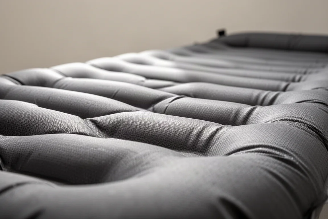 Close-up of sculpted baffles across an inflated insulated sleeping pad surface