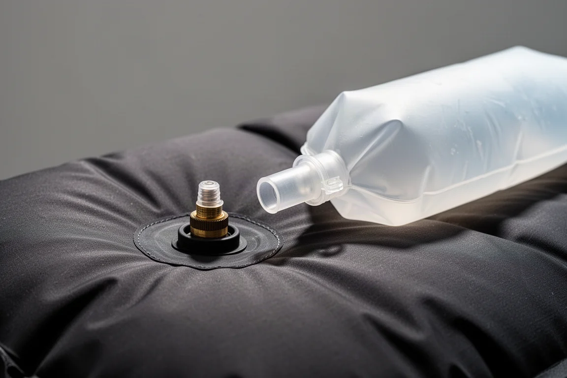 Sleeping pad valve with pump sack nozzle clipped into place, detail shot