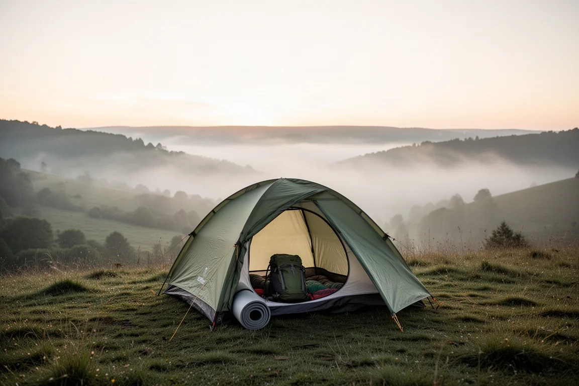 Backpacking tent on a misty hillside at sunrise with gear visible inside