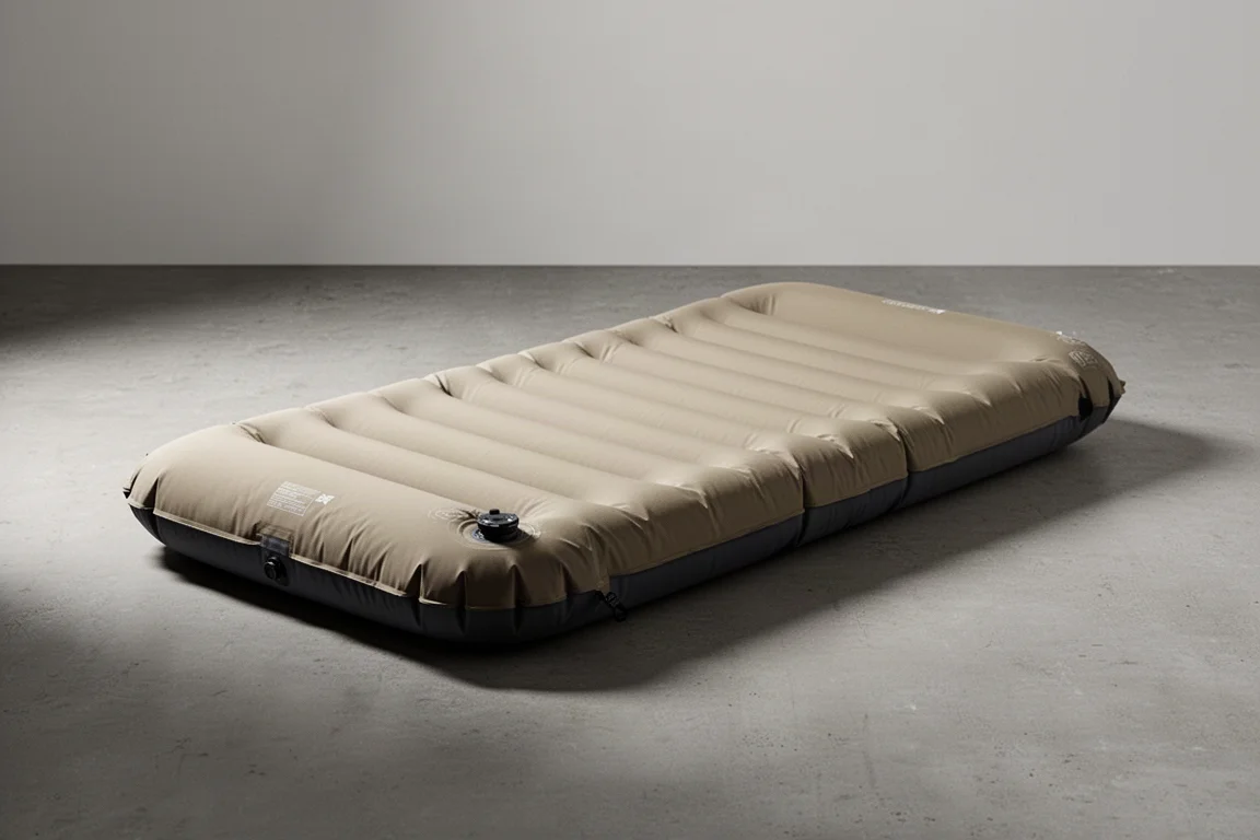 Inflated insulated sleeping pad on a matte concrete surface in soft studio light