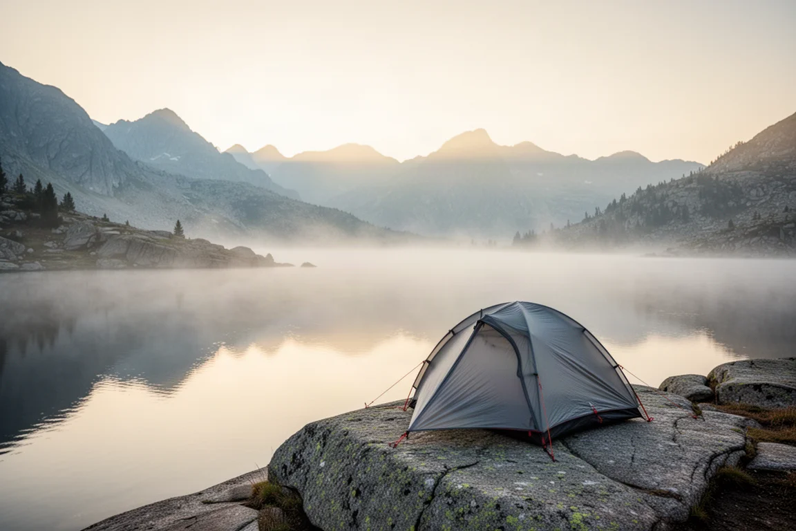 Ultralichte tent opgezet op een granieten richel naast een bergmeer bij zonsopgang