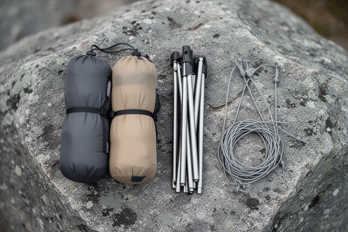 Bovenaanzicht van een split tent stuff sack, stokken en scheerlijn op graniet