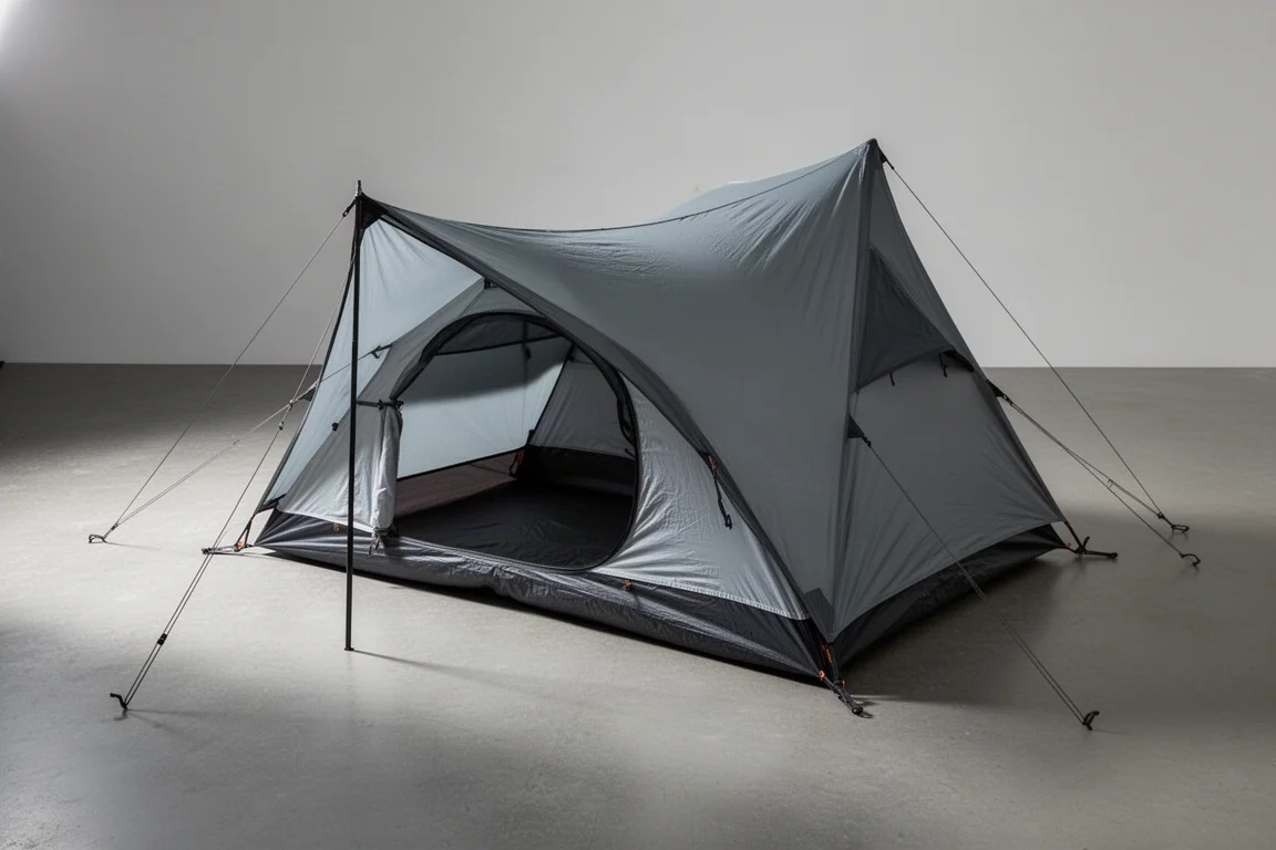 Tenda ultraleggera da backpacking per due persone con due ingressi laterali su sfondo neutro da studio