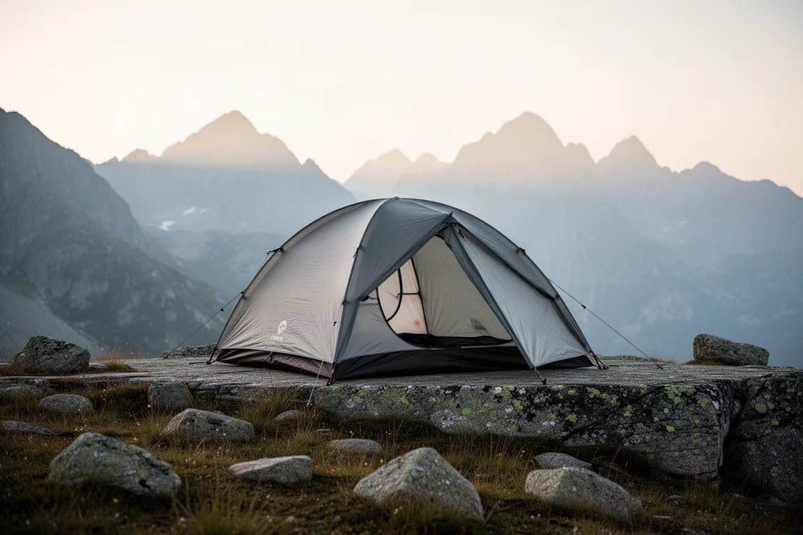 Ultralight tent pitched on a granite ledge at dawn with mountain peaks in haze