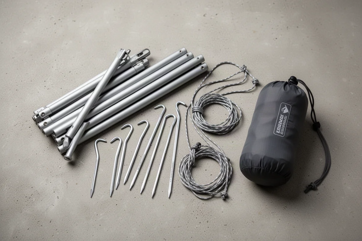 Flat-lay of tent poles, stakes, guy lines and stuff sack on concrete