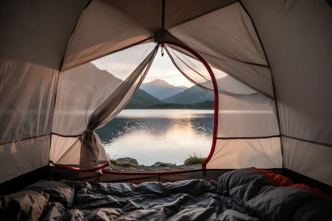 View from inside a small tent through an open door toward a lake at sunrise