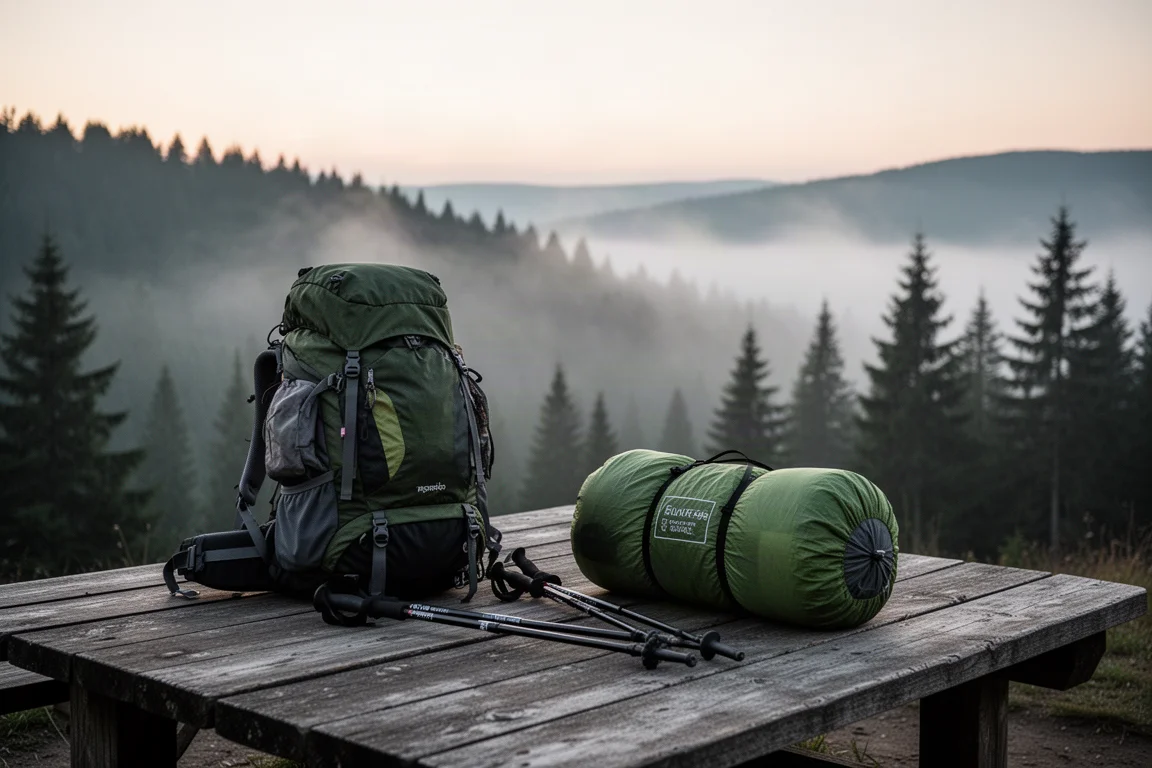 Backpack and packed tent on a wooden camp platform at dusk with mist